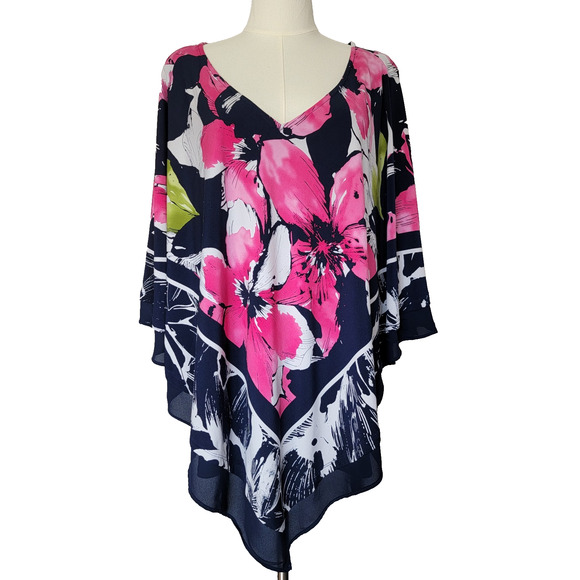 Allison Daley Whimsical Tropical Navy Pink Top Womens 2X Fairycore Resort Office - Picture 1 of 10